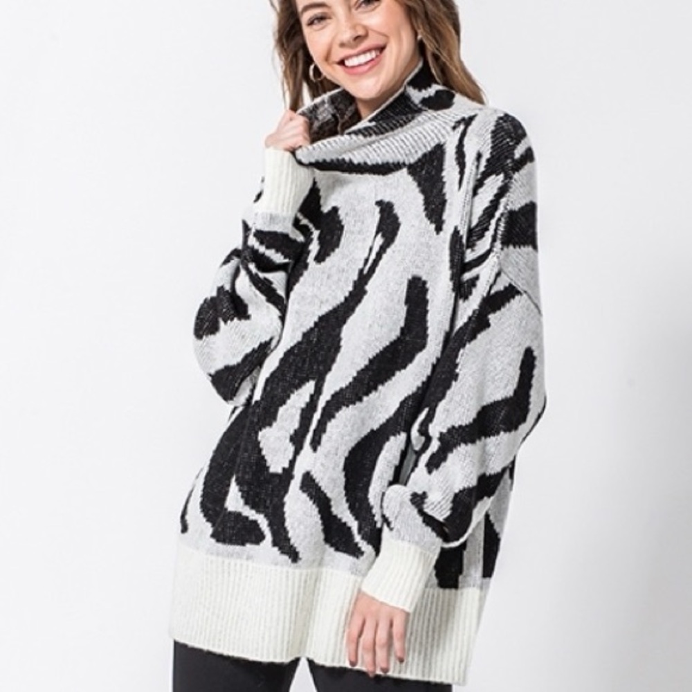 FAVLUX Zebra Pattern black and white Cowl Neck Sweater size medium